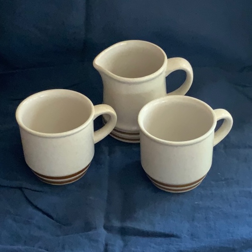 Vintage Yamaha Stoneware Cream and Brown Mug and Pitcher Set